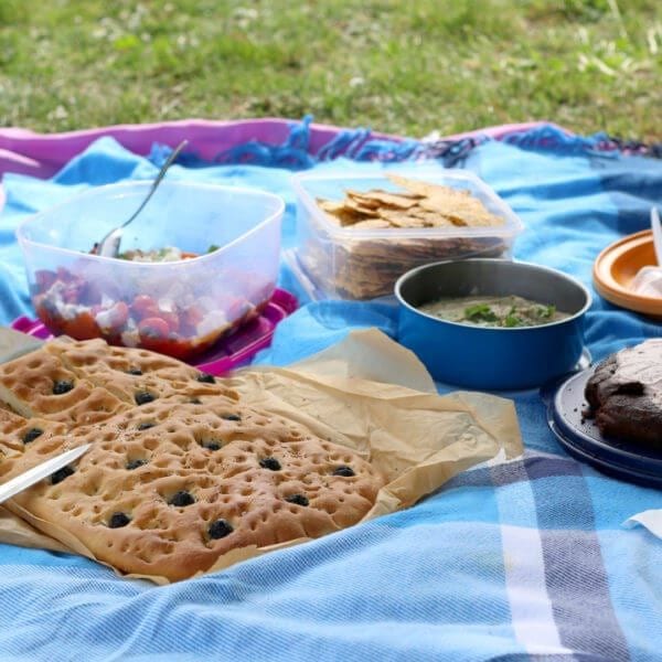 Various picnic food: vegetable and feta salad, baba ghanoush, gluten-free crackers, olive bread and date chocolate cake. Selective focus.