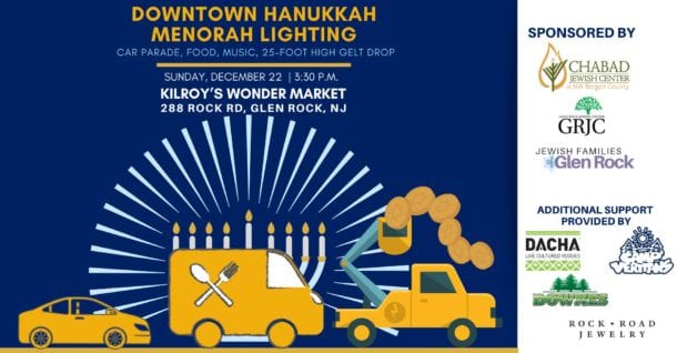 graphic with car, food truck, and cherry-picker in front of large menorah