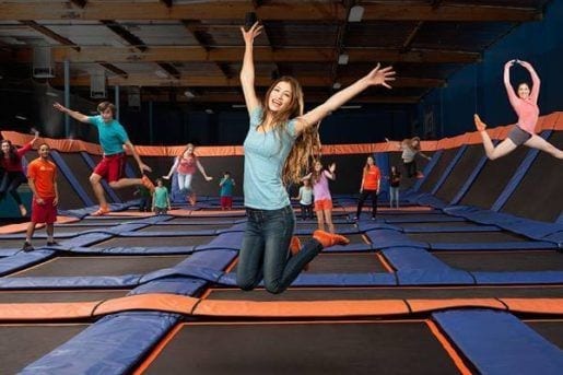 jumping on indoor trampoline