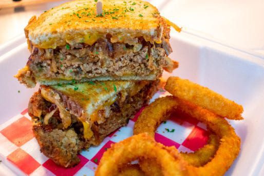 Meatloaf Grilled Cheese with Onion Rings