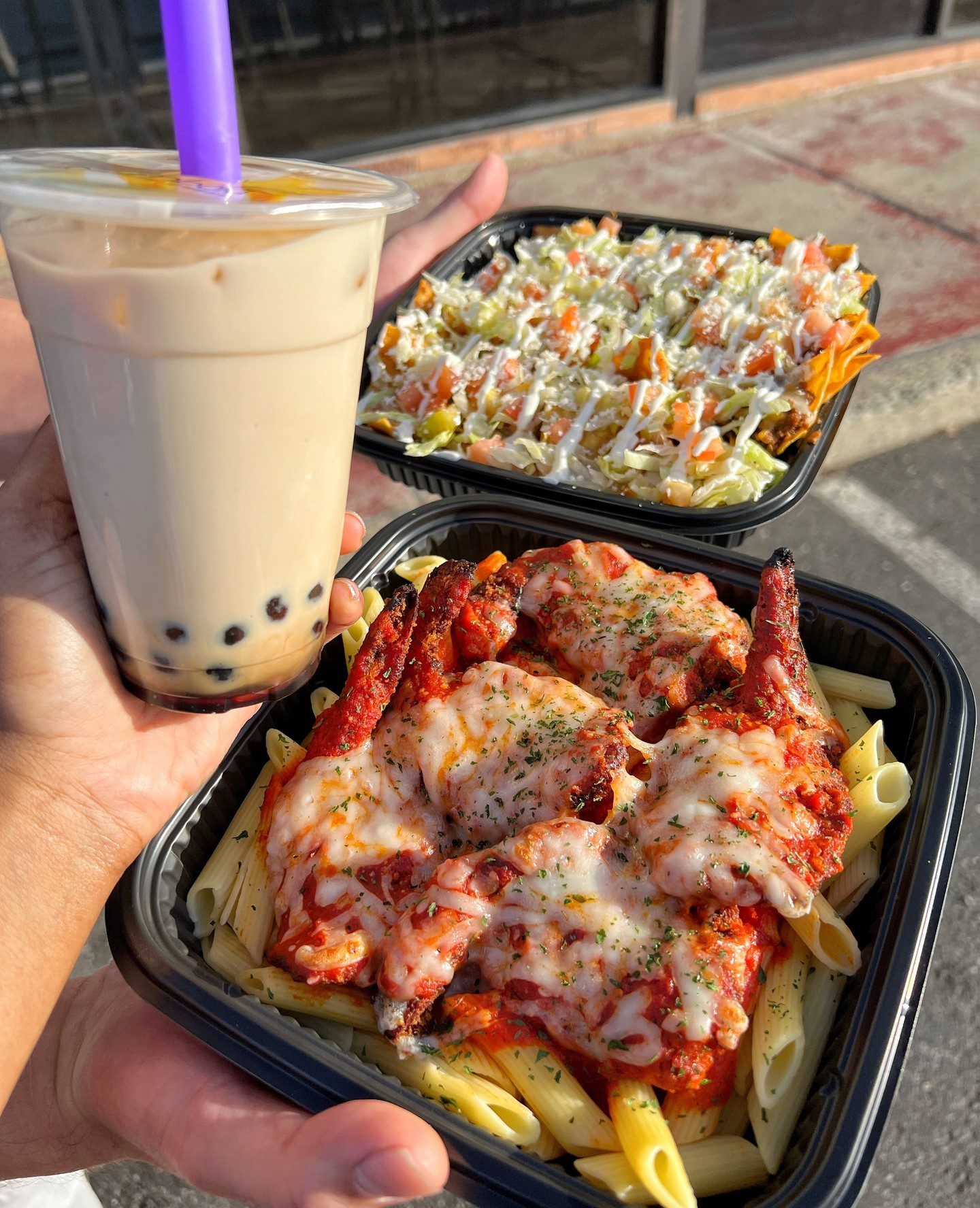 Bubble tea, pasta, and nachos