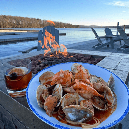 Dining lakeside near Fire Pit at D'Boathaus