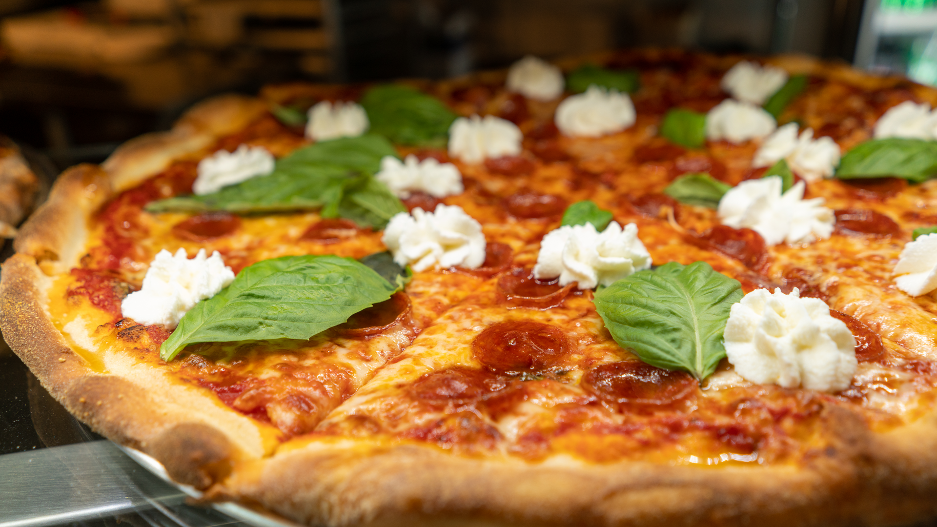 pepperoni hot honey with whipped ricotta pie from DeeDee's Pizza