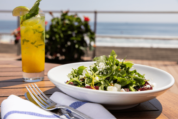 Avenue Restaurant, beet salad with waterfront backdrop